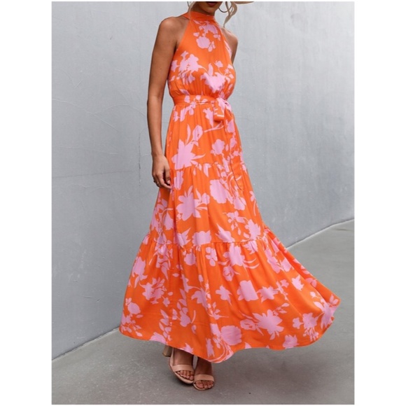 BellanBlue Dresses & Skirts - Boho Orange Floral Print Halter Maxi Dress Cottagecore